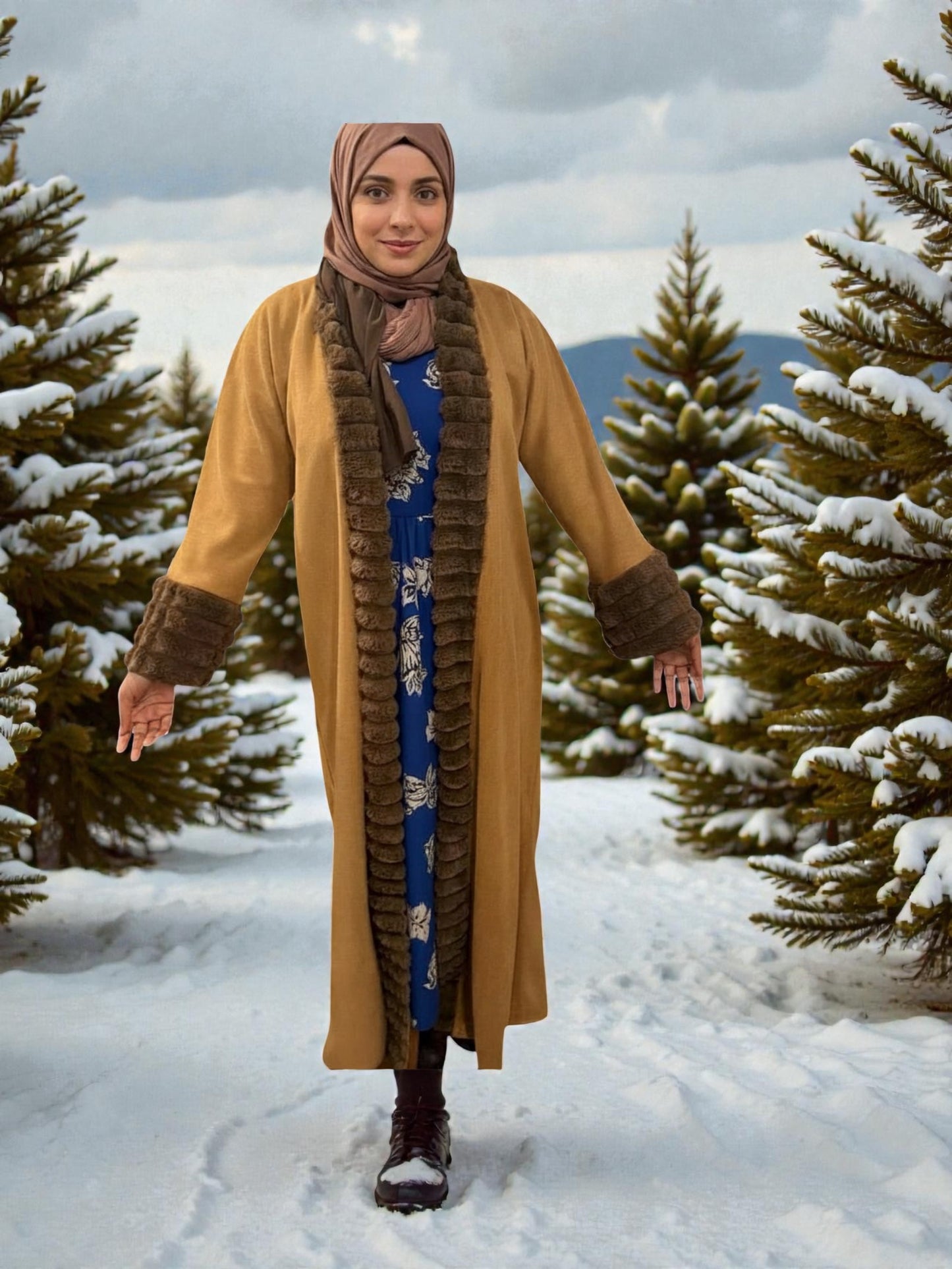 Saudi Arabian Velvet Abaya with Layered Cuff Sleeves