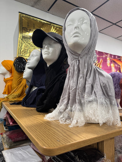 Elegant Embroidered Floral Hijab – Soft White Base