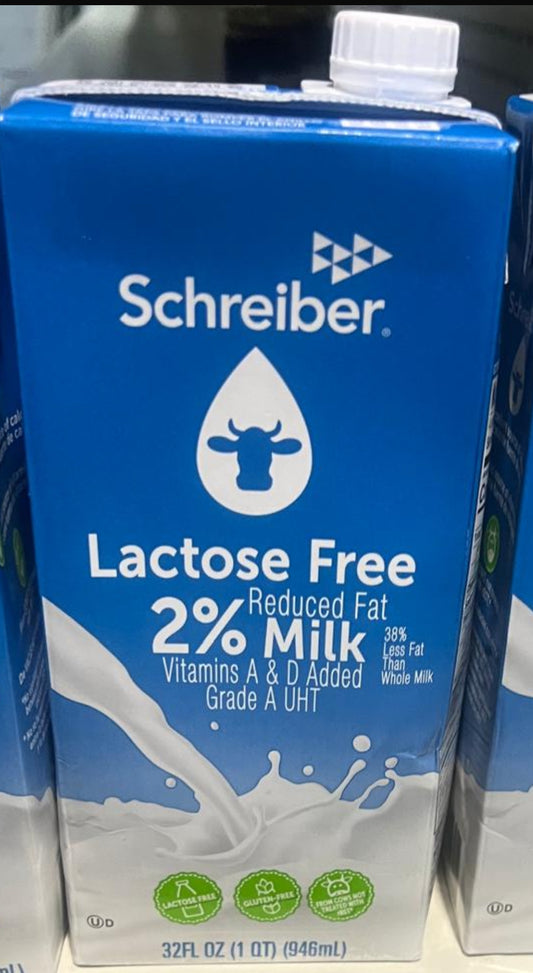 Schreiber 2% Lactose Free, Shelf Stable Milk, Low Fat with Vitamin A & D, 32 oz