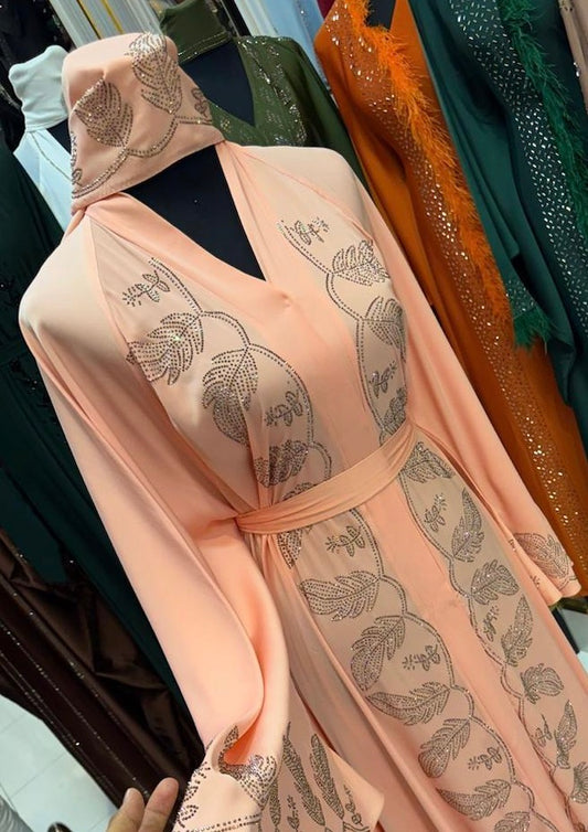 Peach Embroidered Leaf Motif Abaya