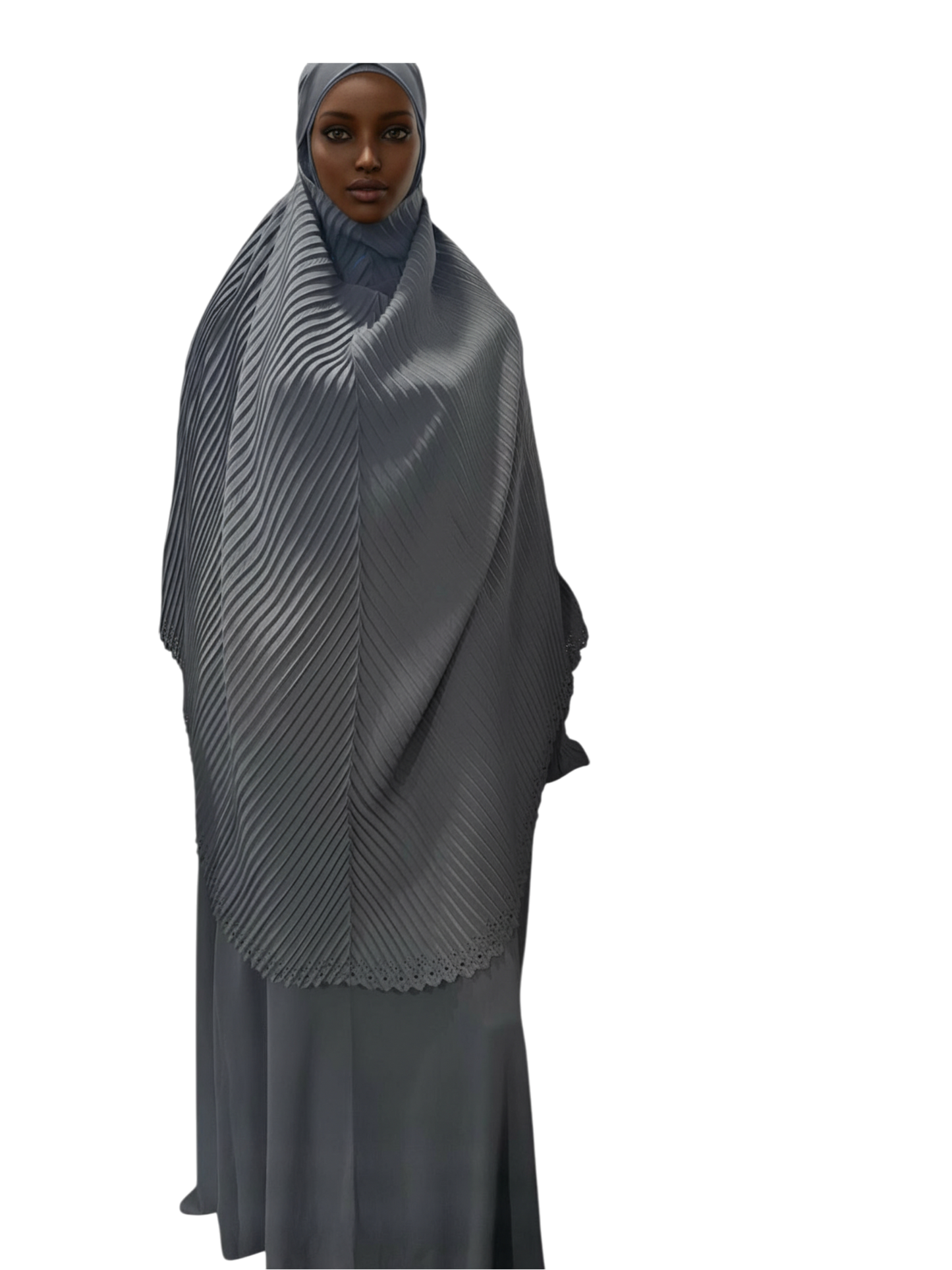 Egyptian Pleated Khimar & Maxi Dress Set – Charcoal Grey