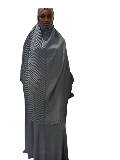 Egyptian Pleated Khimar & Maxi Dress Set – Charcoal Grey