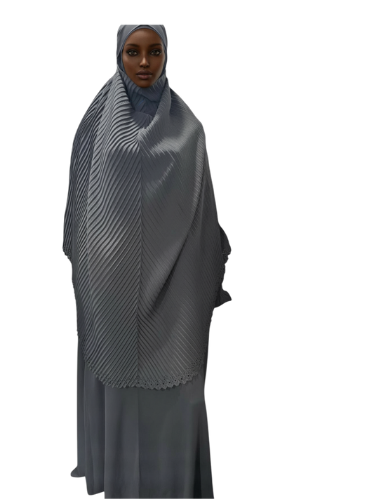 Egyptian Pleated Khimar & Maxi Dress Set – Charcoal Grey