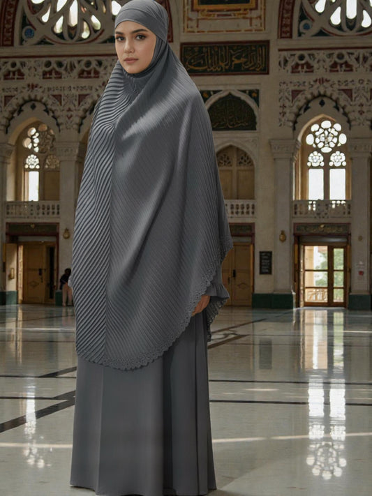 Egyptian Pleated Khimar & Maxi Dress Set – Charcoal Grey